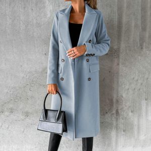 Women's Wool Blends Women Long Jacket Slim Fit Double Breasted Solid Color Woolen Coat Autumn Winter Turndown Collar Outerwear Overcoat 230822