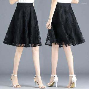 Skirts Summer Midi 2023 Women High Waist Mesh Skirt Slim Black Casual Hem 90s Asymmetrical Pleated Knee-length