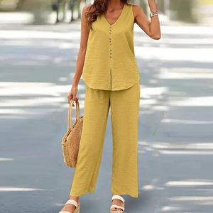 Women's Two Piece Pants Ladies Suit Stylish Summer Sets 2-piece Vest Collection With V-neck Button Decor Wide-leg Straight Cut In Solid