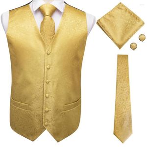 Mäns västar lyxguld Silk Mens Vest Tie Set Jacquard Paisley ärmlös jacka kostym Waistcoat Slitte Hanky ​​manschettknappar Bröllopsföretag