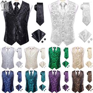 Mäns västar Hi-Tie Silk Mens Vest Tie Set Suit Waistcoat ärmlös jacka Slipsa Hanky ​​manschettknappar Male Wedding Business Black White Silver