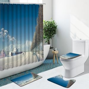 Duş Perdeleri Kış Kar Sahnesi Evleri Ağaç Buz Göl Banyo Perdesi Seti kaymaz Halılar Pazen Halı Halı Tuvalet Kapak Banyo Mat