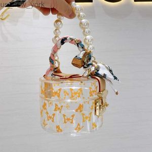 Totes 2022New Transparent Jelly Women Bag Liten Acrylic Pearl Lock Print Butterfly Portable Bucket Mini Bags Purses Ladies Bag Summer HKD230822