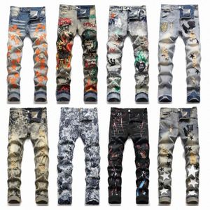 Designer jeans Mens Denim Jeans Distressed Ripped Biker Embroidery Patch Hole Pants Fashion Cool Slim Fit Motorcycle Style Pants High Street Jeans Miri Hip Pop Pants