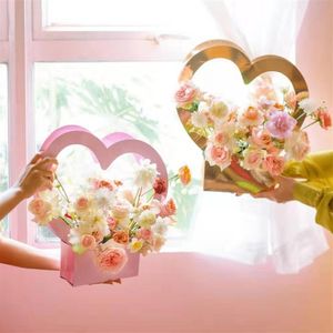 Handhållen blommor Box Heart-Shaped Flower Bundle Box Fresh Love Flower Borge Portable Paper Flowers Packaging Bag222s