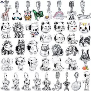 925 Sterling Silver Silver Charm Silver Color Animal Cat Gat Panda Rabbit Bunny Lion Owl Unicorn Horse perla per Pandora Charms Autentico 925 perle d'argento