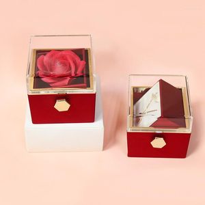 Jewelry Pouches Creative Rotation Rose Gift Box Valentine's Day Marriage Acrylic Ring Boxes Necklace Storage Display Rack Gifts