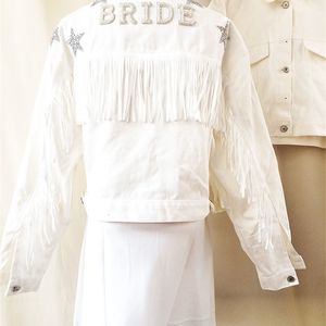 Womens Jackets Denim Jacket With Stars White Fringe Pearl Personalized Bride Custom MrsJean Wifey Wedding Coats Tops 230826