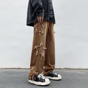 Mäns jeans American Fashion Stars Patchwork Brodery Jeans Oversize Baggy Men Pants Y2K Clothes Straight Hip Hop Trousers Streetwear 230821