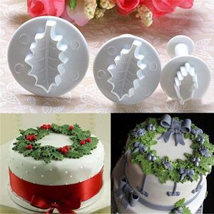 Baking Moulds 3 Pc/Set 3D Holly Leaf Leaves Cookie Plunger Cutter Fondant Sugarcraft Mold Cake Decoration Mould Tools