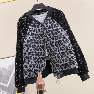 Giacche da donna Pied de poule Leopardo Splicing Paillettes Bomber Giacca Autunno Allentato Perline Cappotto uniforme da baseball Cardigan Cerniera Streetwer Crop