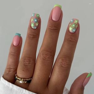 Falska naglar 24 stiga gröna blommor fyrkantiga kort bärbara franska söta löstagbara falska full täckning nagel tips tryck på