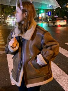 Feminino furão feminino de couro casacos ovelha de cisalhamento jaqueta espetada de moda de moda longa de manga longa