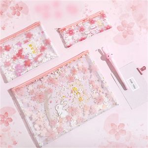 Lärande leksaker Cherry Blossom Rabbit Pencil Bag Sequined Mesh File Folder Kawaii Stationery Organizer School Office Suppllies Kid Gift