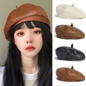 Beret Frauen Modes modische Beret Cap Pu Leder Französische Künstler Warm Mützenhut Herbst Winter Ladies Allmatch Hats 230822