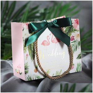 Storage Bags Flamingo Kraft Paper Bag With Handles And Ribbon Gift For Party Favors Small Present Candy Cake Drop Delivery Home Garden Dhusm