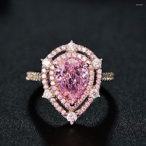 Küme halkaları su damlası 3ct pembe safir elmas yüzük gerçek 925 sterlli gümüş nişan düğün band kadın erkekler güzel takılar