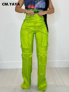 CM.YAYA Women Fashion Multi Pocket Front Safari Style Straight Jogger Pants 2023 New Summer Zipper Fly Rose Red Cargo Trousers L230822