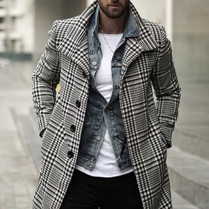 Mens Trench Coats Fashion Plaid Lapel Single Breasted Long Coat Gratis frakt Vinterjacka Män överrock640Q