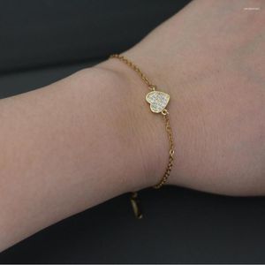Charm Bracelets Cute Small Lovely Micro Pave CZ Heart Bracelet Simple Gold Color Steel Chain Wristband Arm Cuff Jewelry