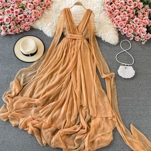 Neue Frauen am Strand Urlaub Ferienflächen Bodenlänge Maxi Kleid Deep V-Ausschnitt Chiffon High Taille große Expansion Vestidos SML200o