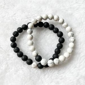 Strand Black White Set Bracciale Coppie distanza Distanza di roccia naturale Lava pietra vulcanica Howlite in rilievo Yoga uomini donne Gioielli con corda elastica