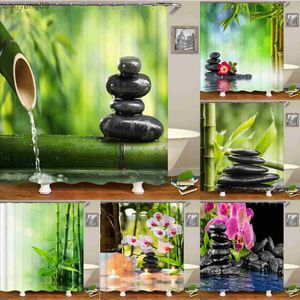Duş Perdeleri 3D Çiçek Bambu Çakıl Su Yeşil Bitki Duş Perdesi Su geçirmez Perde Ev Dekorasyon Duş Perdesi Zen Perde R230822