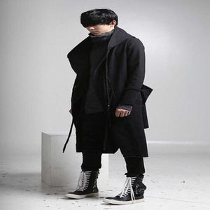 New Fashion Long Trench Coat Men Hip Hop Black Hoodie Jacket Mens Casual Wool Overcoat Hooded Manteau Homme Cappottob2u8