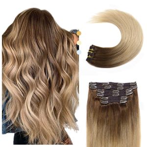 Ombre clipe na extensão de cabelo humano T4/24 Blonde Color sem costura clipe de trama dupla Extensões 120g