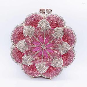 Kvällspåsar Luxur Designer Round Bag Women Rose Crystal Metallic Wedding Novelty Rhinestone Clutch Pures