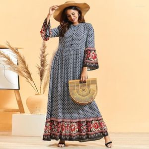 Lässige Kleider Vintage ethnisch Druckknopf maxi Langes Kleid bequeme Viskose Flare -Ärmel Arabische Oman Schwingung eine Linie