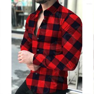 Men's Casual Shirts 2023 Men Lapel 3D Print Slim Long-sleeve Plaid Digital Shirt Business Social For Clothing