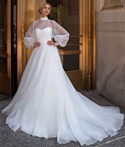 エレガントなA-Line Organza Wedding High Neck Leng Sleeves Bride Bridal Gowns Robe De MarieeカスタムメイドVestido De Noiva 2023