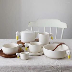 Plattor White Duck Ceramic Tablewar Hand Made Duckling TEAPOT Coffee Cup Mug Dessert Dish Ceries Set