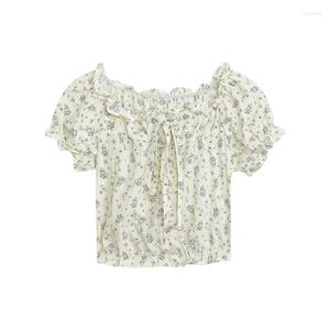 女性用ブラウス夏のレトロ小さな新鮮なかわいいフローラルレースアップデザイン半袖シャツ