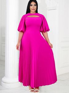 Vestidos de tamanho grande Fuchsia vestido plissado para mulheres o pescoço cortado manga de sopa elegante e elegantes