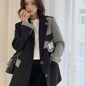 QNPQYX WOMENS PLAID KONTRAST FÄRG SYDTNINGSKAPPLÄG Hösten Korean Löst enbröst fickmode Blazer Kvinna