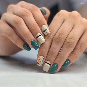 False Nails 24Pcs Square Short Fake Cute Green Beige Wearable Ballerina French Nail With Glue Tips Full Cover Press On