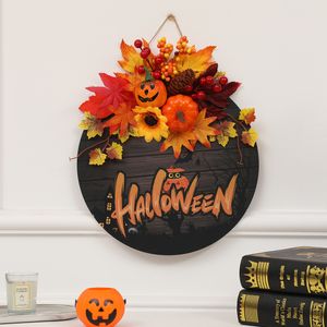 Other Event Party Supplies Halloween Hang Wreath Simulation Pumpkin Maple Leaf Wall Garlands Door Decor Black Cat Skull Bat Happy Halloween Day Wreath 230821