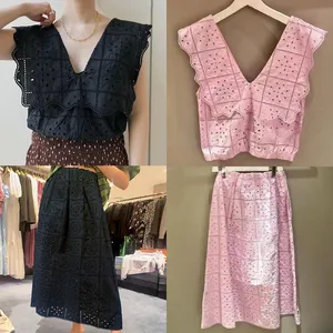 New Ruffled Embroidery Hollow V-neck Waistband G-a-ni Sleeveless Bottom Top+Half Skirt Women's Set