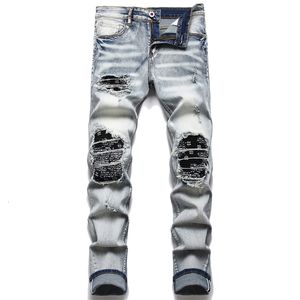 Men's Jeans Men Biker Jeans Streetwear Paisley Bandana Print Patch Stretch Denim Pants Patchwork Holes Ripped Slim Straight Black Trousers 230821