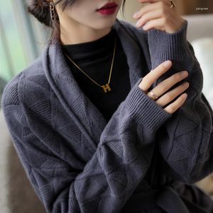 Women's Trench Coats Autumn And Winter Cashmere Knitted Cardigan With Lapel Solid Sweater Medium Length Diamond Pure Wool Coat