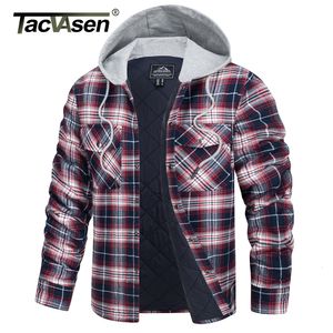 Men's Casual Shirts TACVASEN Cotton Flannel Shirt Jacket with Hood Mens Long Sleeve Quilted Lined Plaid Coat Button Down Thick Hoodie Outwear 230822