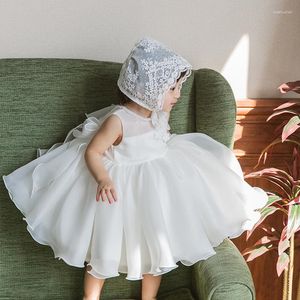 Vestido de menina do primeiro ano do vestido de princesas de casamento Little Flower Birthday Lace com chapéu