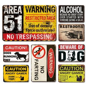 Vintage Warning Area51 Metal Signs Caution Angry Gamer Tin Sign Wall Decor Beware Of Dog Metal Poster Sign Game Room Home Funny Decor Plates 30X20CM w01