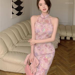 Etniska kläder vintage förbättrad kinesisk traditionell klänning elegant qipao blommig delad midi sexiga kvinnliga paljetter cheongsam modern 2023