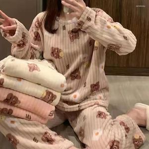 Zweiteilige Hosen von Frauen Evisi Herbst Frauen verdicken warmes Fleece -Set Cartoon gedruckt süße Pyjama -Oberteile und Samt für 2 Sets 2023