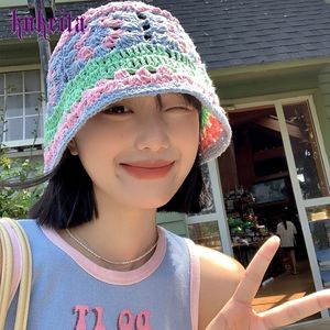 Weitkrempeln Hats Eimer Harajuku Y2k Strickfischer Fischer Blume Häkelhut Frauen Kawaii süße handgefertigte Mützen Cap Streetwear 230821