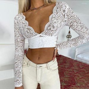 Women's T Shirts 2023 Deep V Neck Lace Mesh Bodysuit INS Sexy Open Back Hollow Out T-shirt Slim Long Sleeve Tops Lingerie