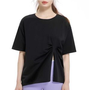 LL Yoga Lu Women's Yoga Clothes短袖スポーツウェアルーズフロントしわ伸びた弾力性のあるクイック乾燥Tシャツショートスリーブシャツ